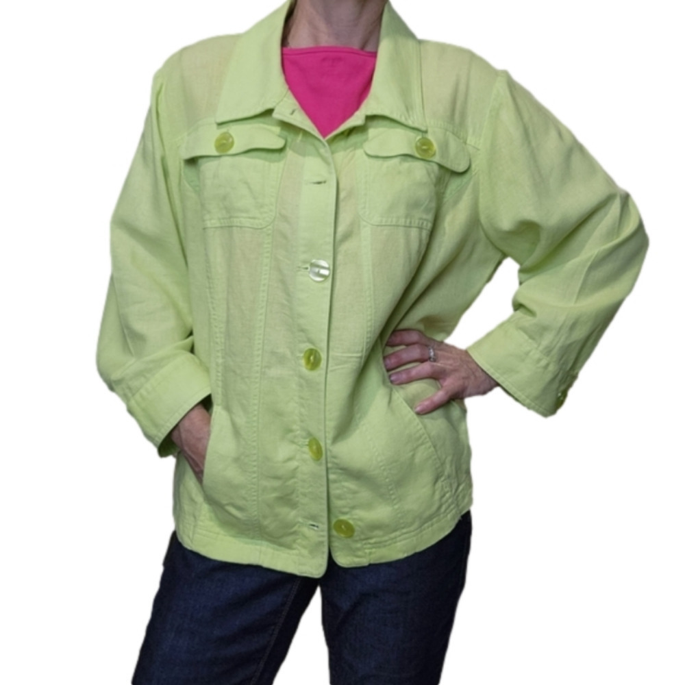 Jacket Linen blend 3/4 sleeves collared Green color CJ BANKS